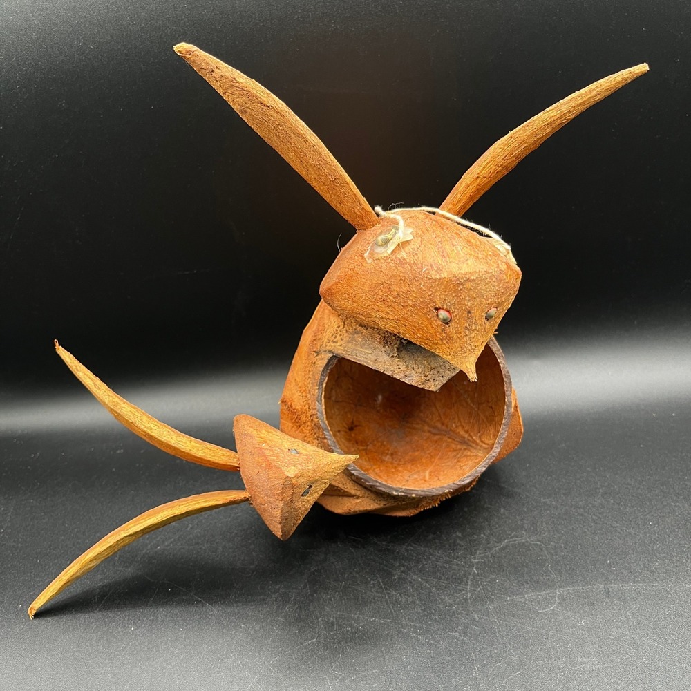 Vtg Folk Art Hand Carved Coconut Shell Bird Planter Feeder Sculpture Decor 9x11"
